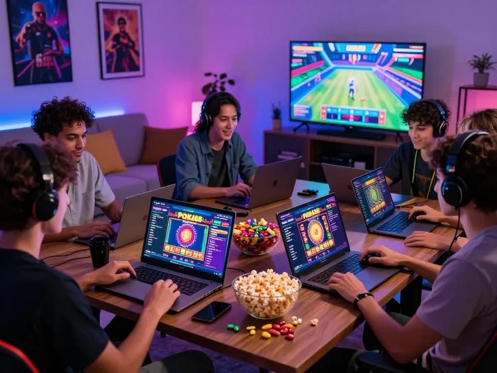 Teman-teman merayakan jackpot slot online POKA97 di ruang permainan yang berwarna-warni.