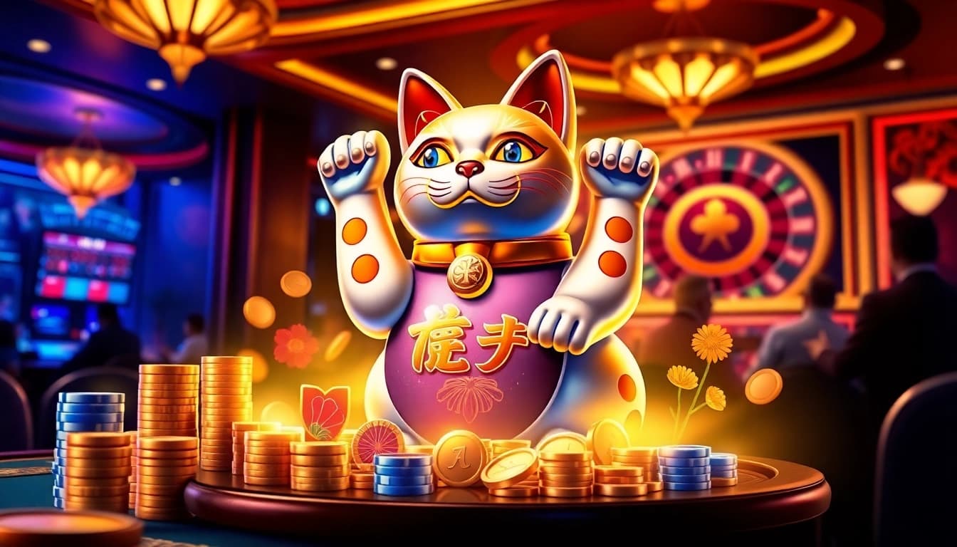 Engaging scene of Lucky Neko PG Soft ไม่ต้องแชร์ slot machine attracting players in a vibrant casino.