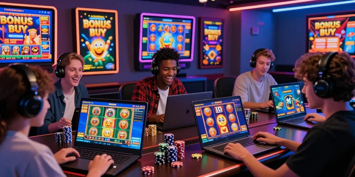 Excited players engaging with bonus buy slots uk at a vibrant online casino, featuring colorful graphics and animated gameplay.