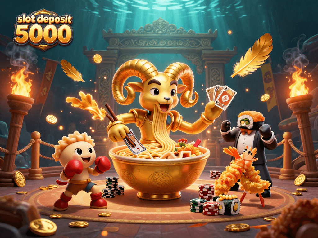 Engage with slot deposit 5000 in a vibrant casino-themed illustration with animated characters.