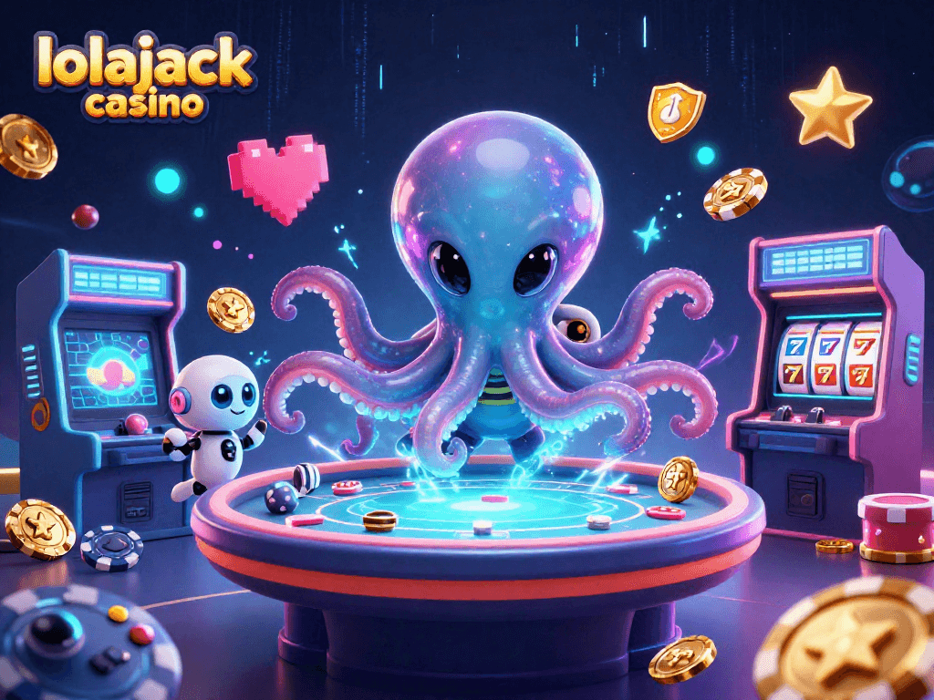 Experience the thrill of lolajack casino with a vibrant alien octopus and gaming elements.