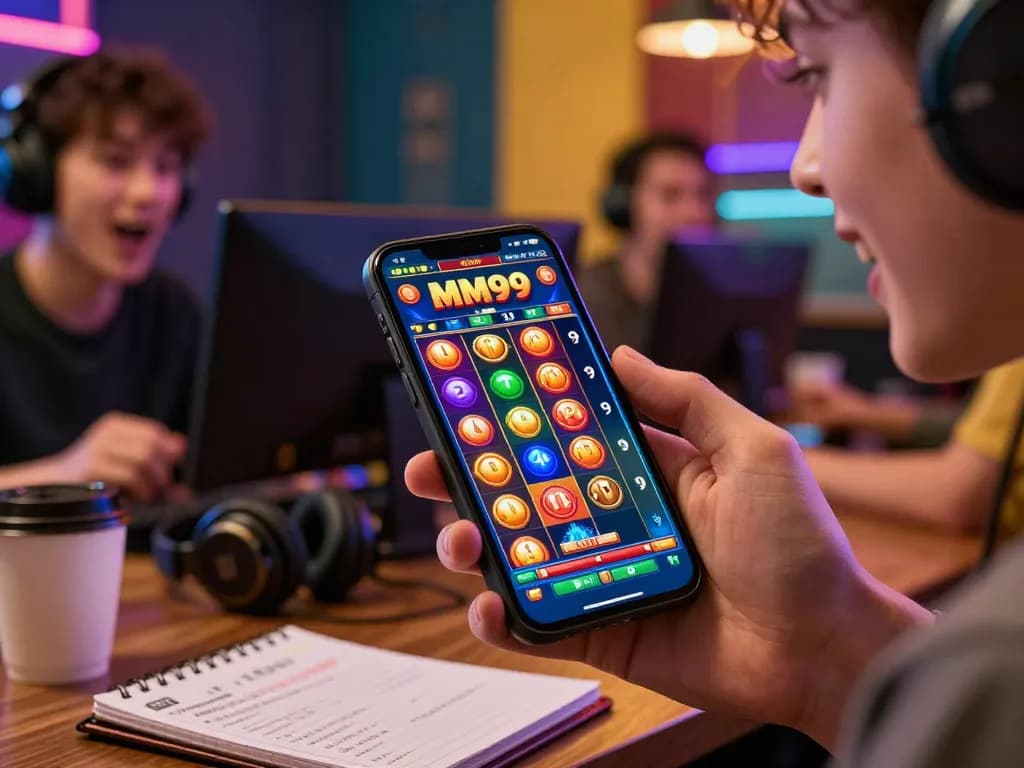 Engaging player enjoying MM99 Slot on smartphone with vibrant graphics and strategic notes.