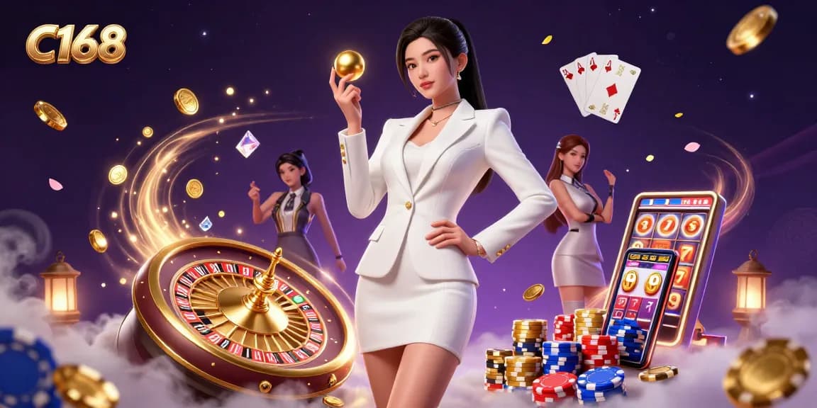 Experience the thrill of C168 with a stunning roulette scene featuring a confident Asian dealer.