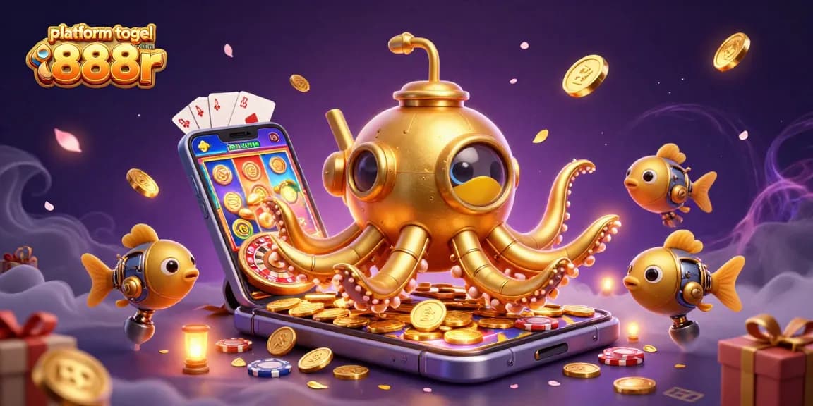 Experience excitement with platform togel online 888r featuring a kraken submarine and casino games in a vibrant illustration.
