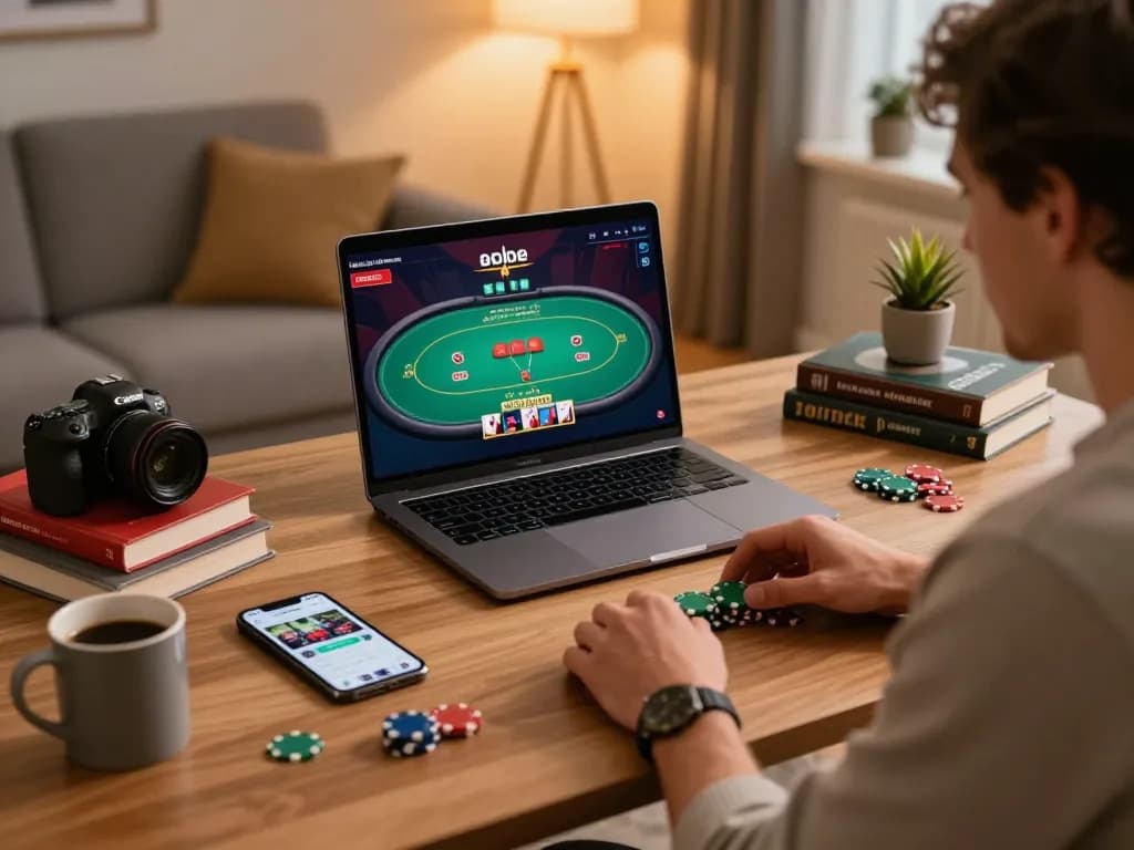 Luckyindex promoting responsible gaming with focused player at laptop, poker game active on screen.