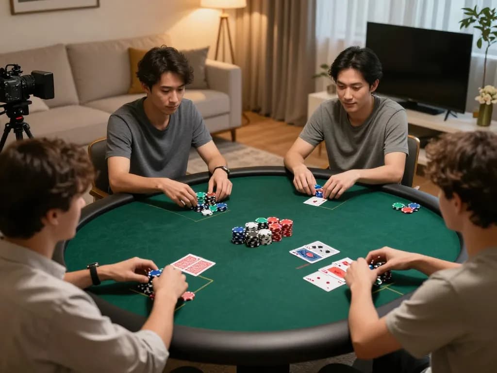 casinoatlas players enjoy an engaging online poker game at home with colorful chips and cards.