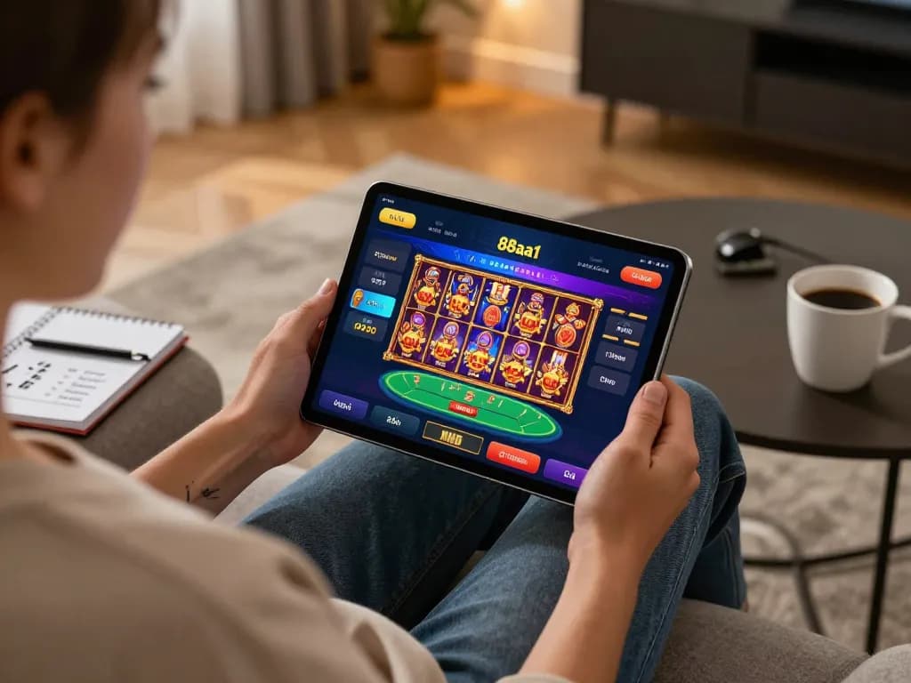 88aa1 player enjoying online casino gaming experience at home with tablet.
