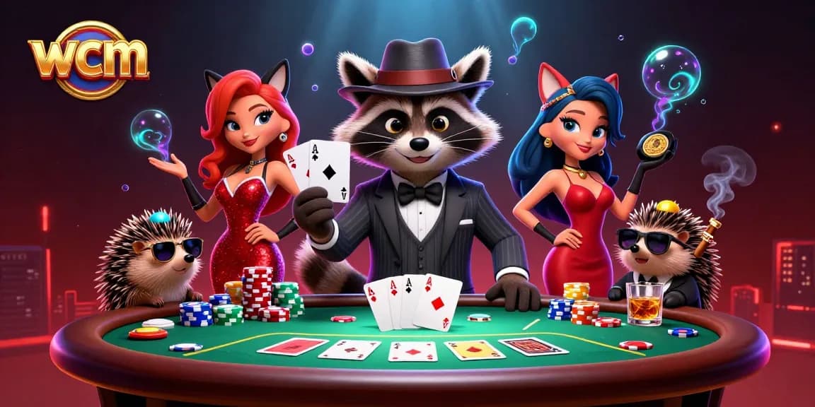 WCM Casino Scene: Suave raccoon playing poker with a stylish fox lady and hedgehog bouncer.