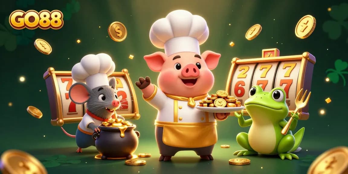 Experience exciting gameplay at GO88 showcasing golden slot reels and charming cartoon characters.