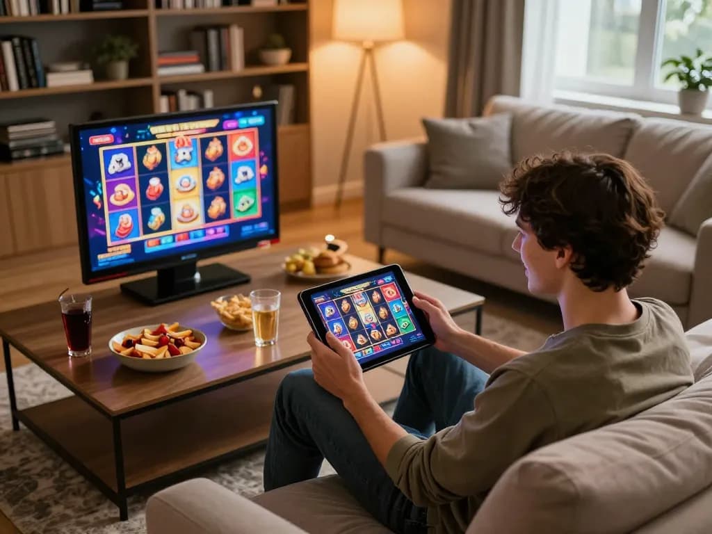 Engaged player enjoying slots not on gamstop on a tablet in a cozy home setting.