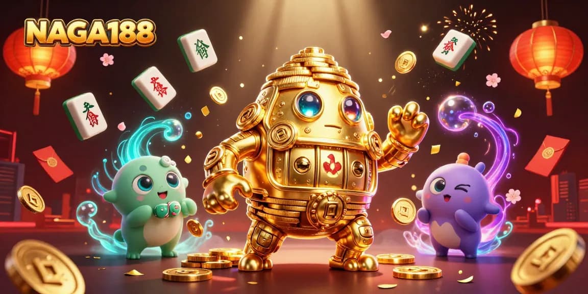 Permainan slot mengasyikkan di NAGA188 dengan golem emas dan dekorasi kasino yang menawan.