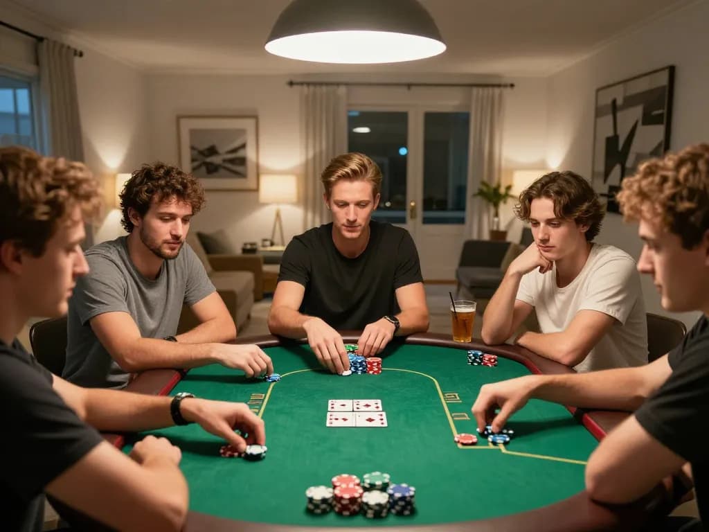 Playing poker at home with friends around a table, featuring vibrant chips and casual drinks, m119 winning strategies visible.