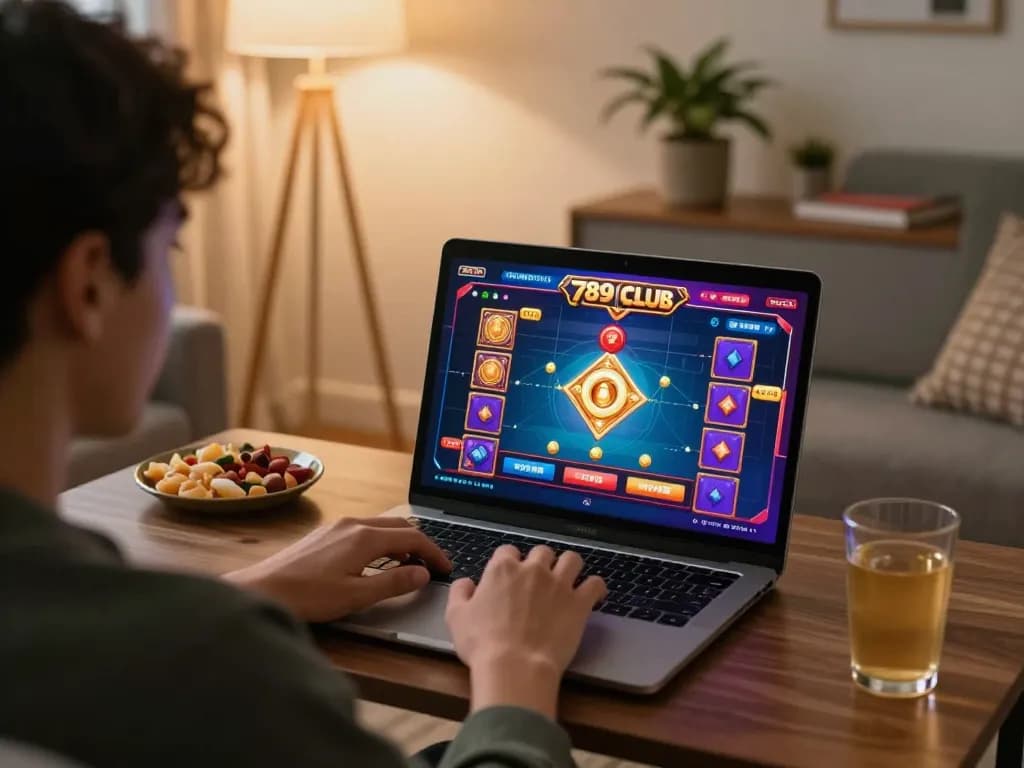 A player engaging with the 789 club online casino interface on a laptop at home, creating an inviting and interactive atmosphere.