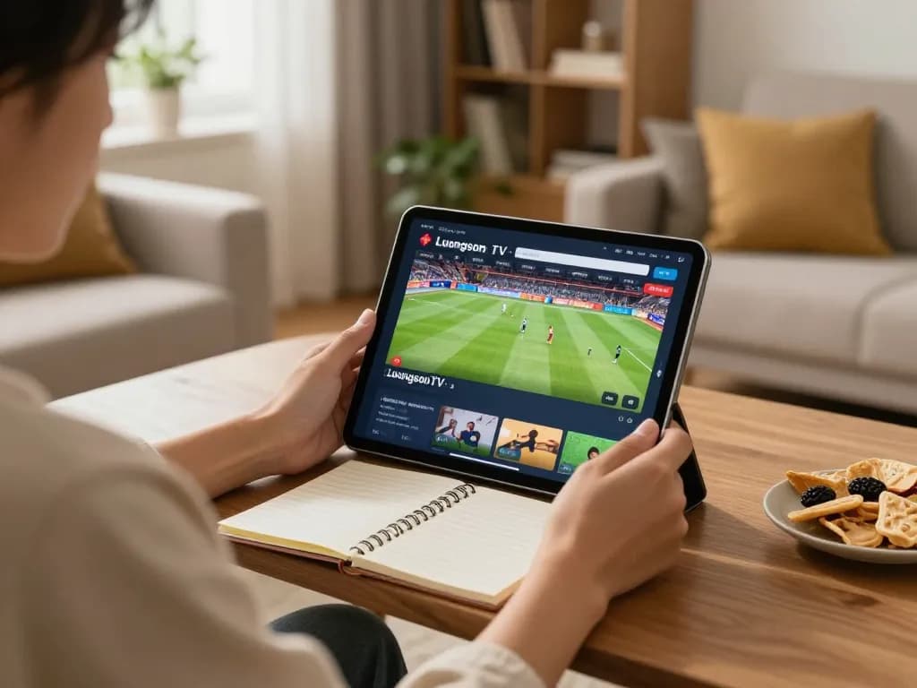 Engaging user viewing Luongsontv's live football streaming on tablet in a cozy home.