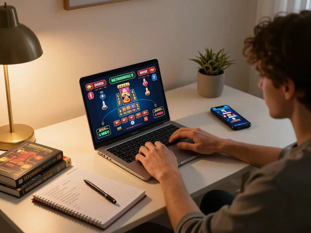 ATQ online gaming setup with player engaged in strategic gameplay at home.