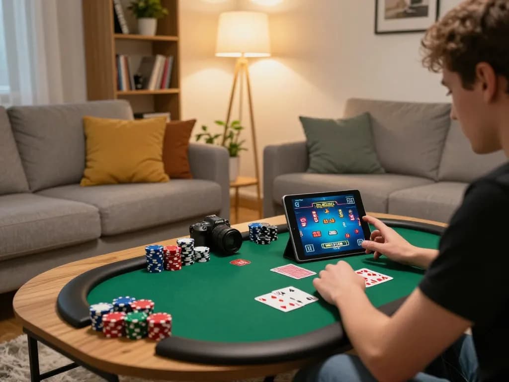 Engaging in an online poker game at home with gameradar theme