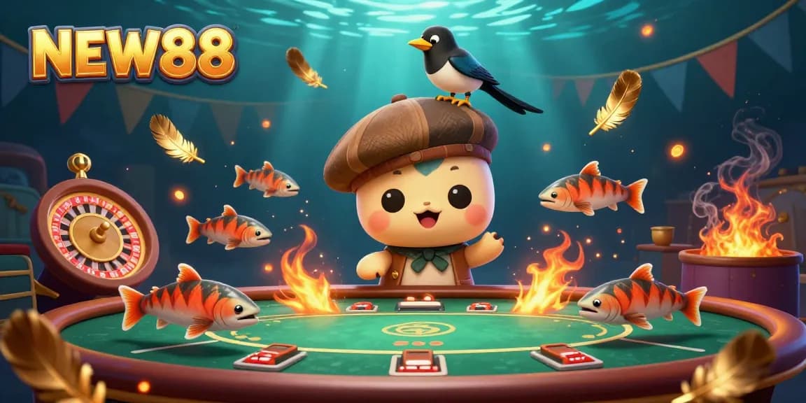 Join the fun at NEW88 with lively characters in a vibrant casino scene showcasing winning elements.