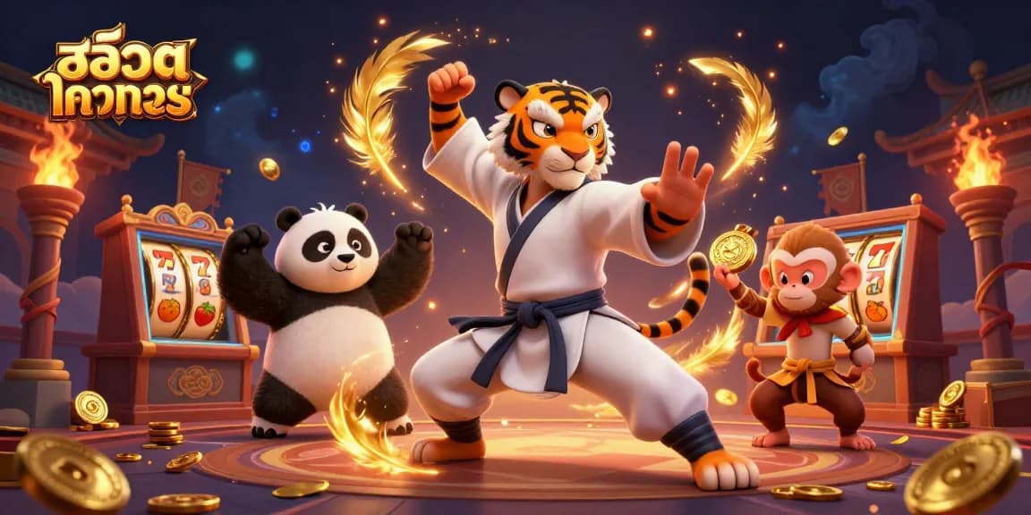 Engage with สล็อตทดลอง in a dynamic casino scene featuring a kung fu tiger, panda disciple, and playful monkey.