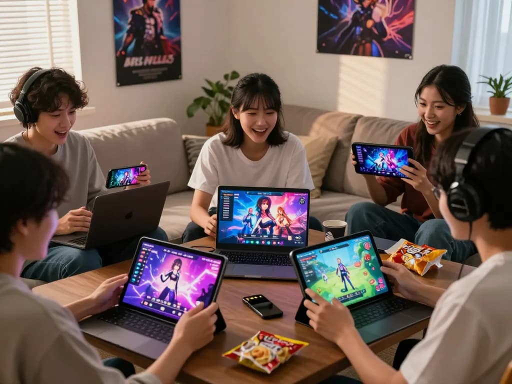 Players enjoying free porn games on various devices in a vibrant gaming room.