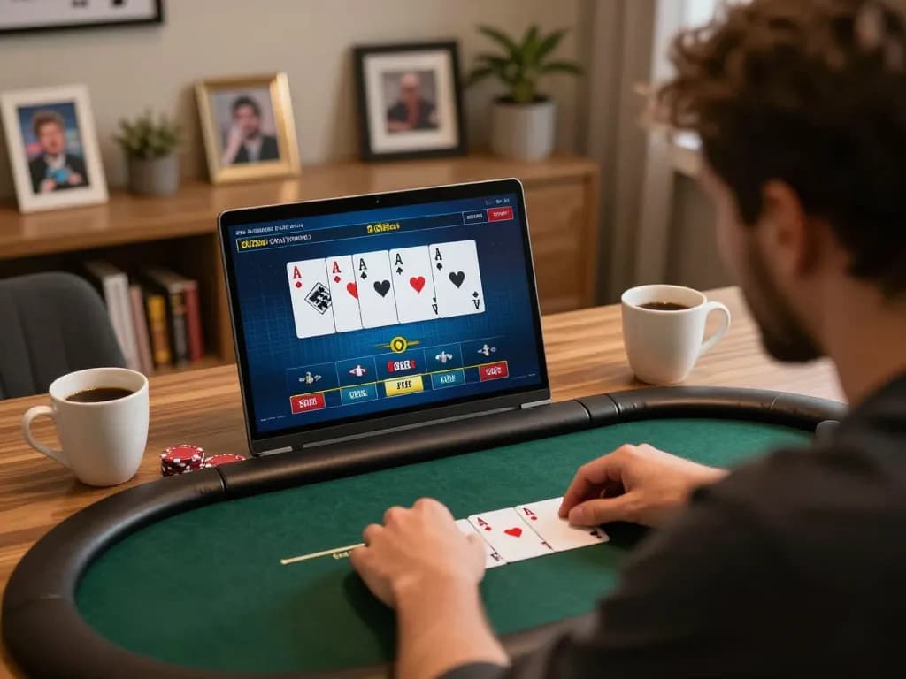 Engaging online poker gameplay on 388bet, showcasing strategic betting decisions in a cozy home environment.