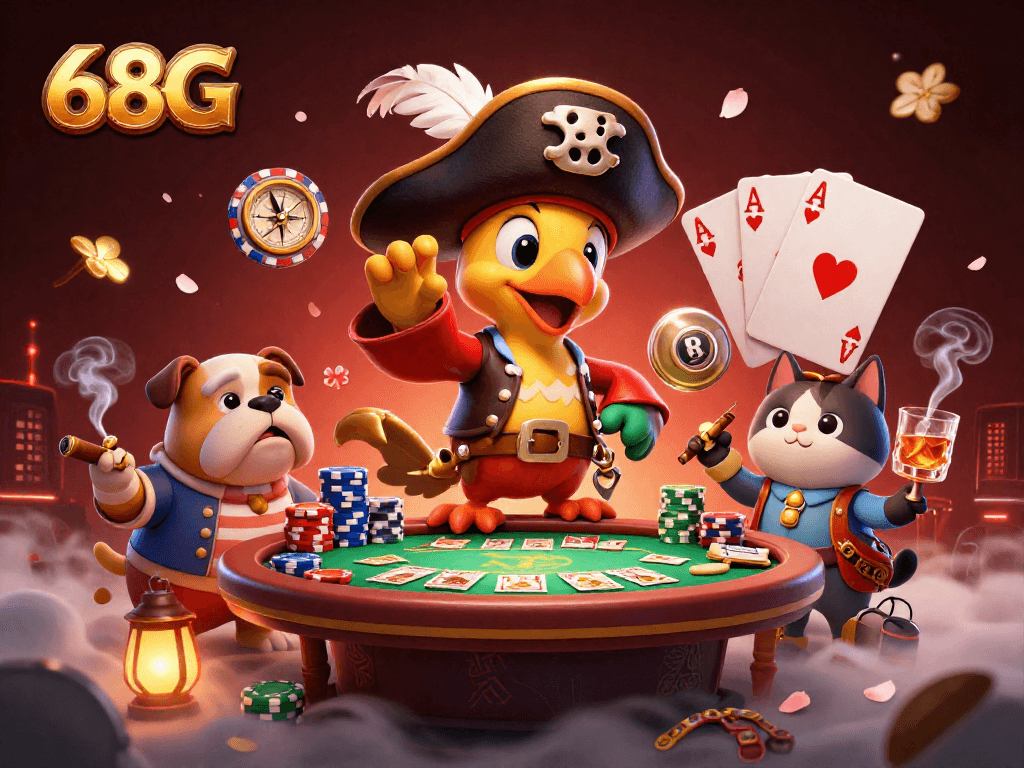 68G oferece uma emocionante cena de cassino com personagens divertidos e elementos de jogo ao redor.