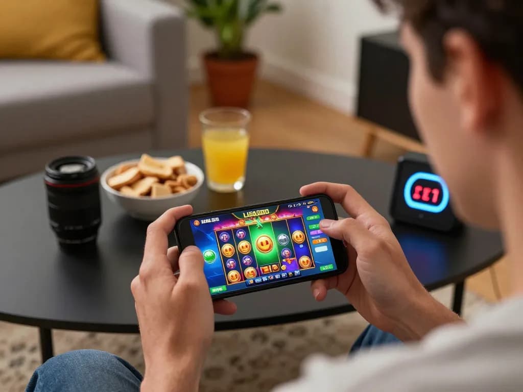 LIGA2000 player enjoying online slots on smartphone in cozy living room environment.