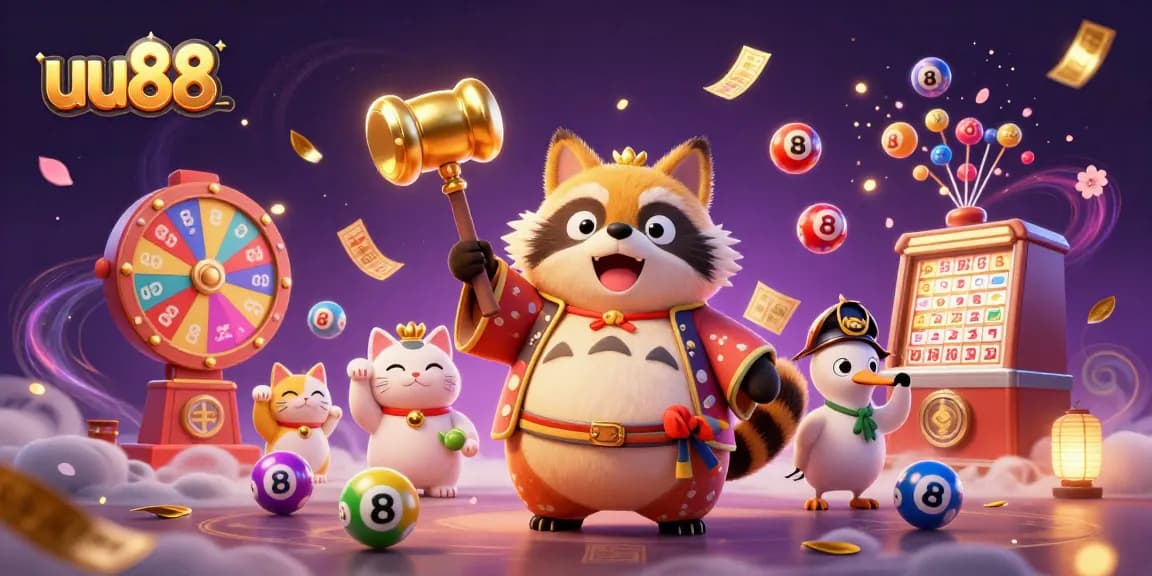 Experience the excitement of uu88 with golden tickets, lottery balls, and cheerful characters in a vibrant casino scene.