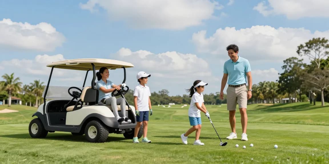 Family enjoying their day on the golf course with a new golf cart for sale nearby, creating lasting memories.