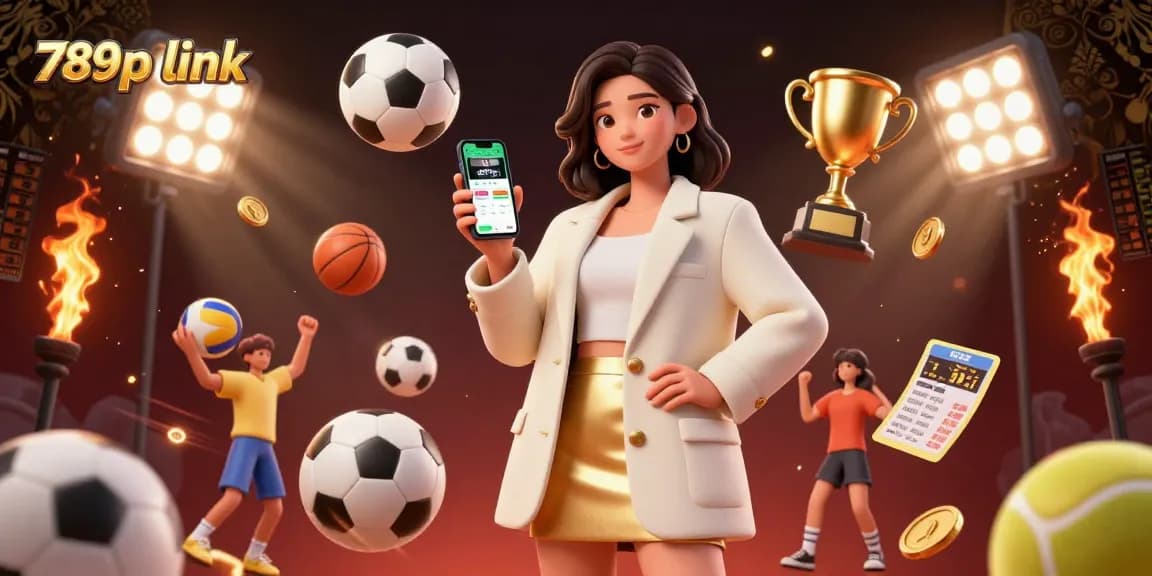 Engage with the excitement of 789p link via vibrant sports betting scene featuring dynamic elements and an Asian woman with a smartphone.