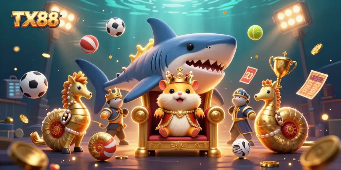 Experience the TX88 gaming excitement with a golden hamster king, royal guards, and dynamic sports elements.