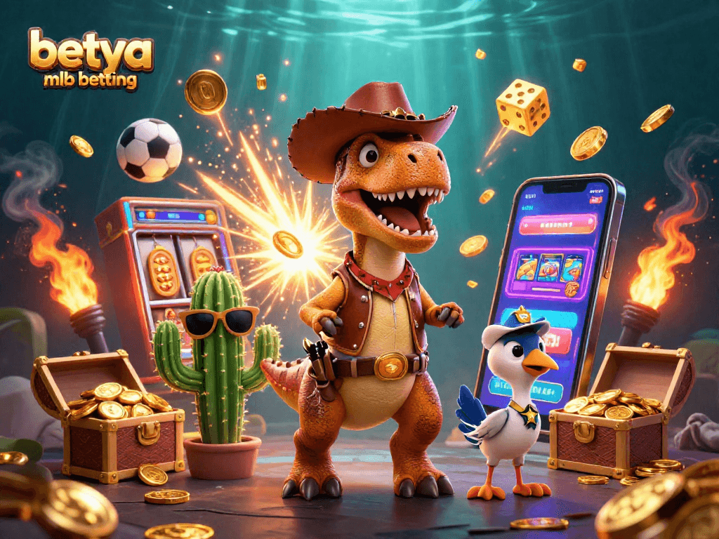 Engage in betya mlb betting with a lively scene featuring a T-Rex, cactus, and roadrunner amidst casino elements.