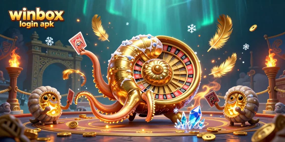 Engage with winbox login apk featuring a giant nautilus roulette, cards, and vibrant casino elements.