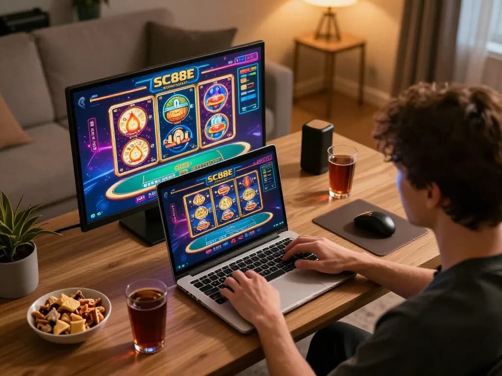 Engaging in online gaming at SC88E with vibrant slots and poker interface.