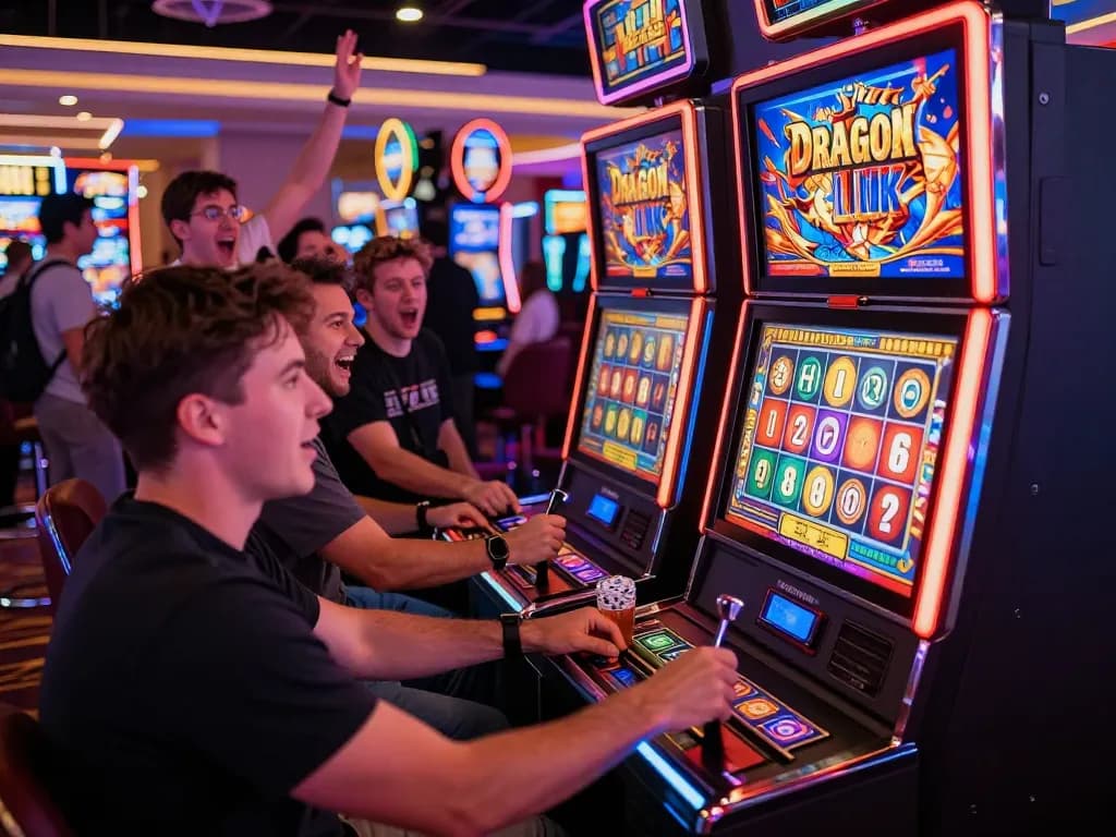 Excited players at a Dragon Link slot machine in a lively casino, experiencing the thrill of link slot gaming.