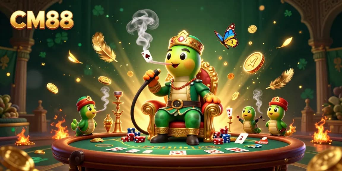 Engage in thrilling poker with CM88's dynamic scene featuring characters amidst a vibrant casino atmosphere.