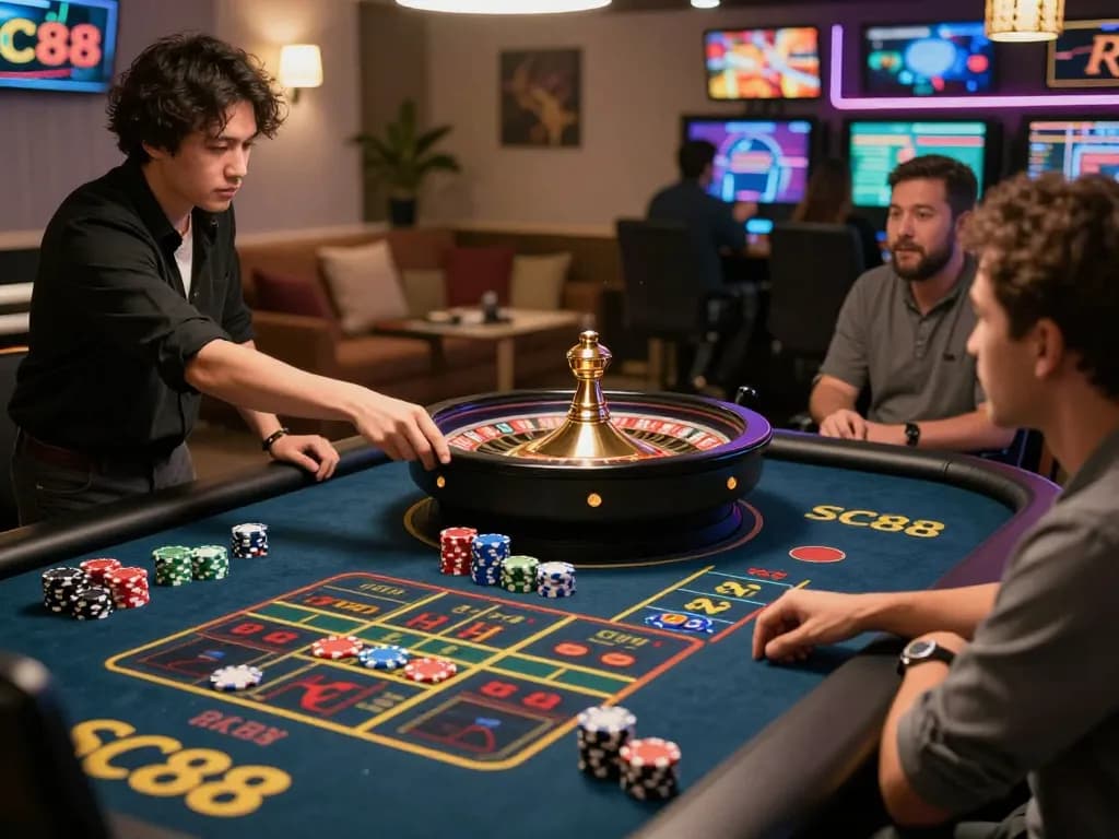 Players engage in thrilling roulette game on SC88 online casino platform, showcasing vibrant chips and roulette wheel.