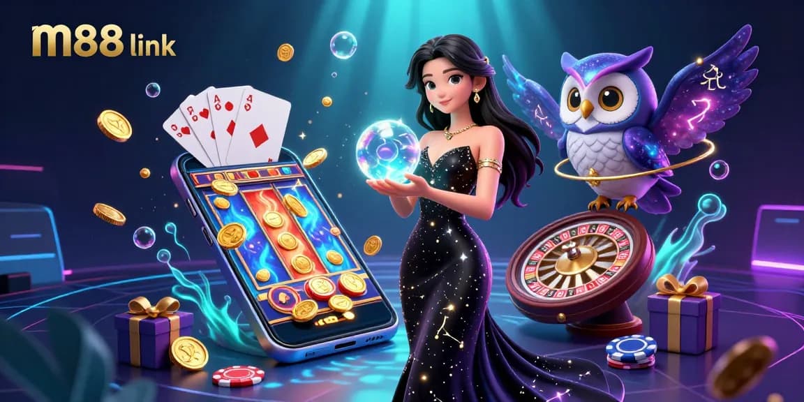 Tham gia với liên kết m88 thông qua cảnh casino cuốn hút này được trang trí bằng các yếu tố quyến rũ và hành động game sôi động.