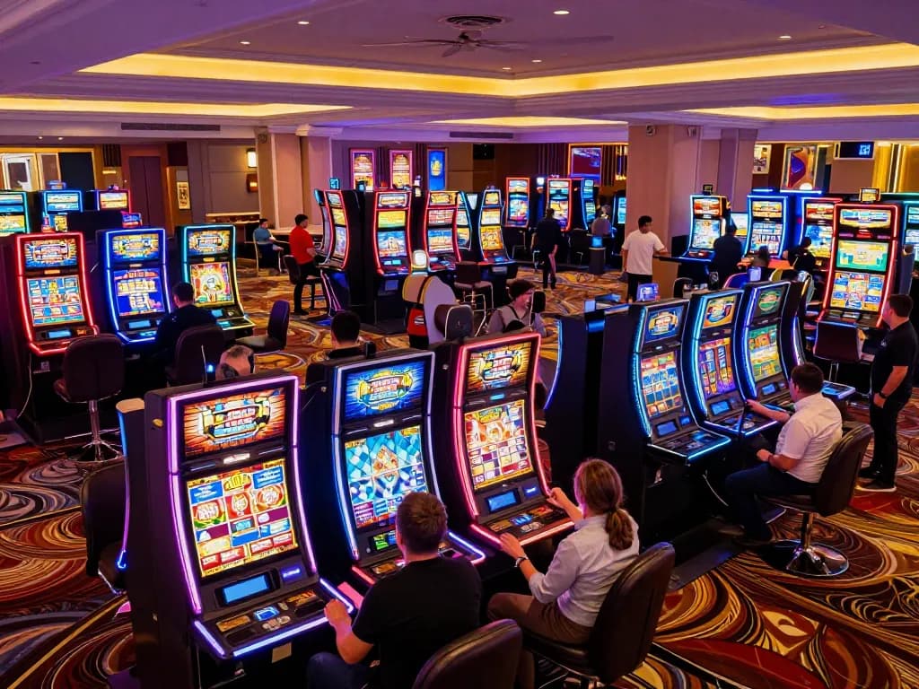 Players enjoying thrilling slot online games on colorful machines at a lively casino.