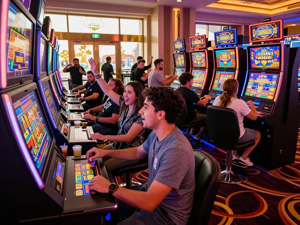 Teman-teman merayakan di dekat mesin slot link di kasino yang ramai