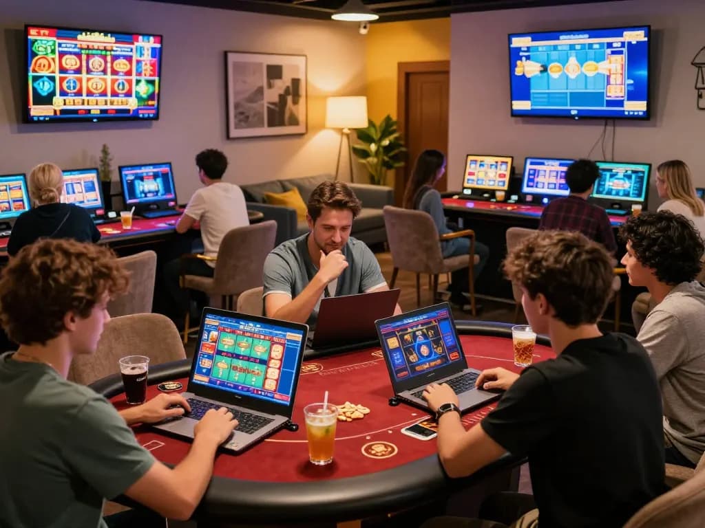 Engaging gameplay at online casinos in Canada with players using laptops and enjoying a cozy environment.