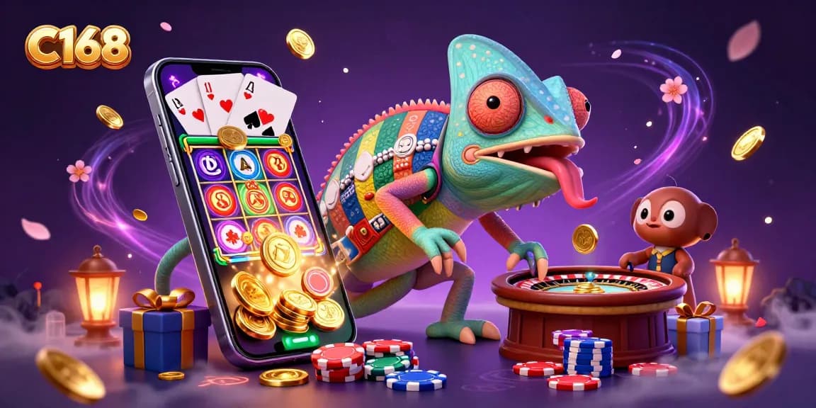 C168 casino owner chameleon gracefully captures golden coins amidst dynamic slot and poker elements.