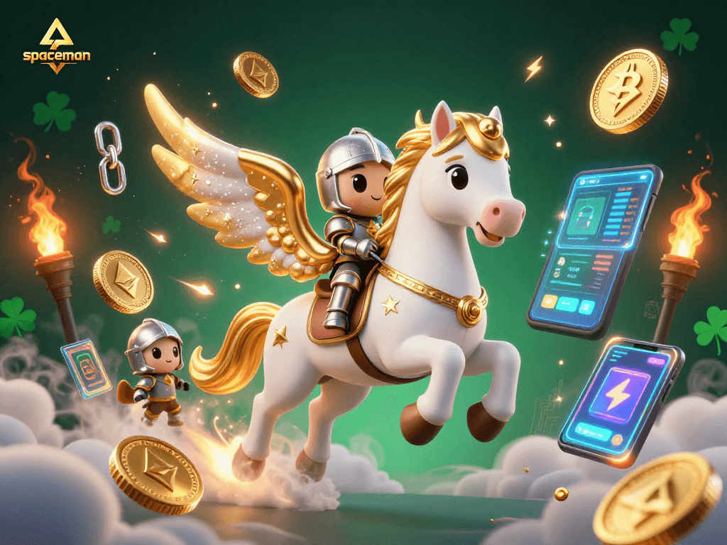 Engage with spaceman in thrilling online gaming, riding a celestial horse of fortune amidst crypto coins and charts.