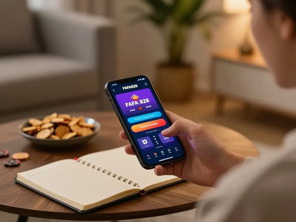Engaging with the FAFA828 casino app on a smartphone in a cozy home setting