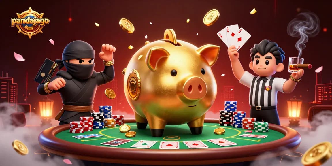 Pandajago menampilkan karakter piggy bank emas sumo yang mengeluarkan koin sambil berhadapan dengan ninja dompet dalam suasana kasino.