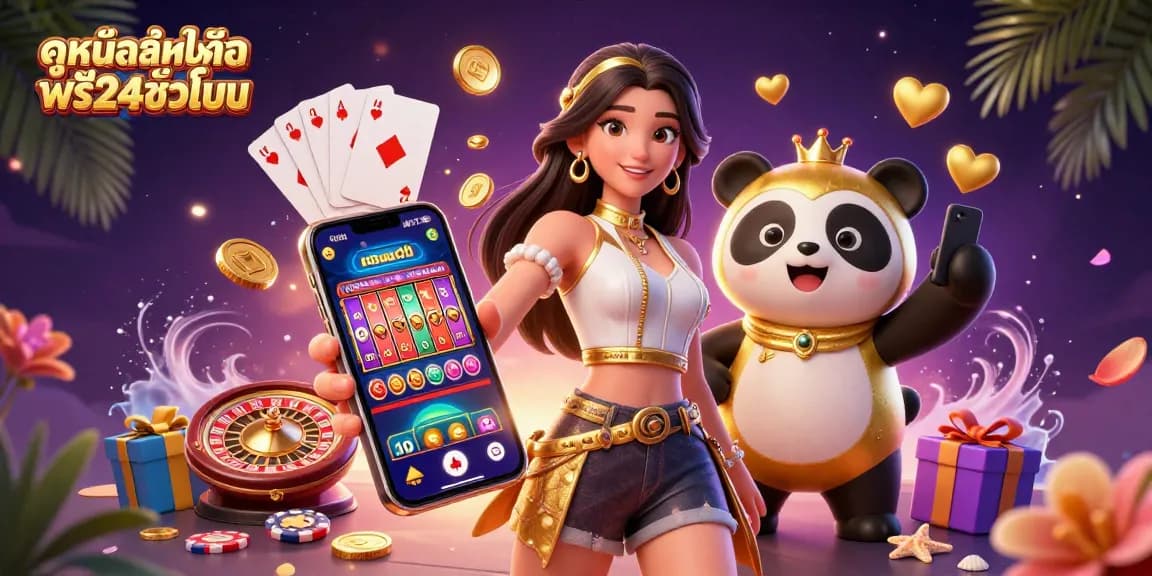 Engage in thrilling ดูหนังออนไลน์ฟรี24ชั่วโมง with our vibrant casino-themed illustration showcasing playful elements like slot games and golden coins.