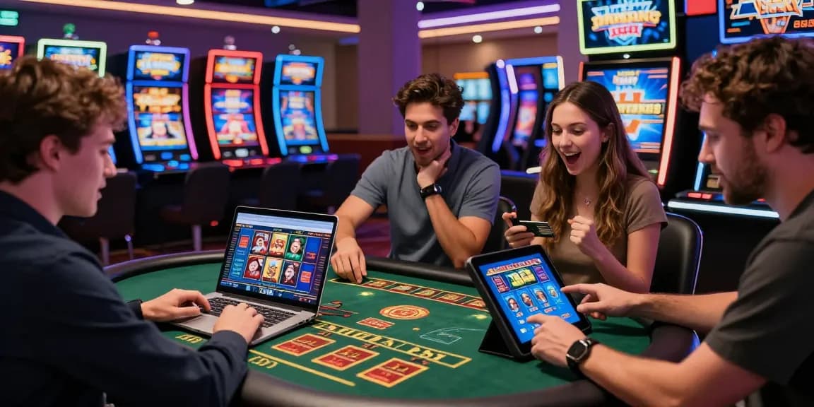 Players enjoying credit card casinos with laptops and smartphones in a vibrant casino environment.