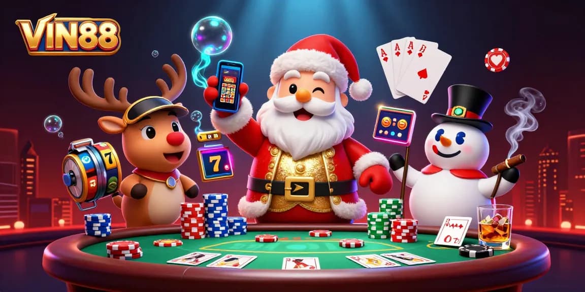 Experience thrilling jackpots with VIN88 in a festive casino scene featuring Santa and friends!
