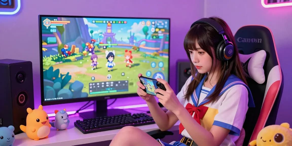 Engaging gamer enjoying android hentai game in vibrant fantasy setting.