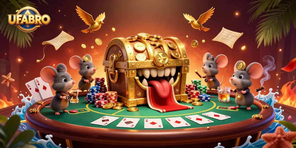 Engage in thrilling gambling with UFABRO featuring adventurous mice and treasure chest in a vibrant casino scene.