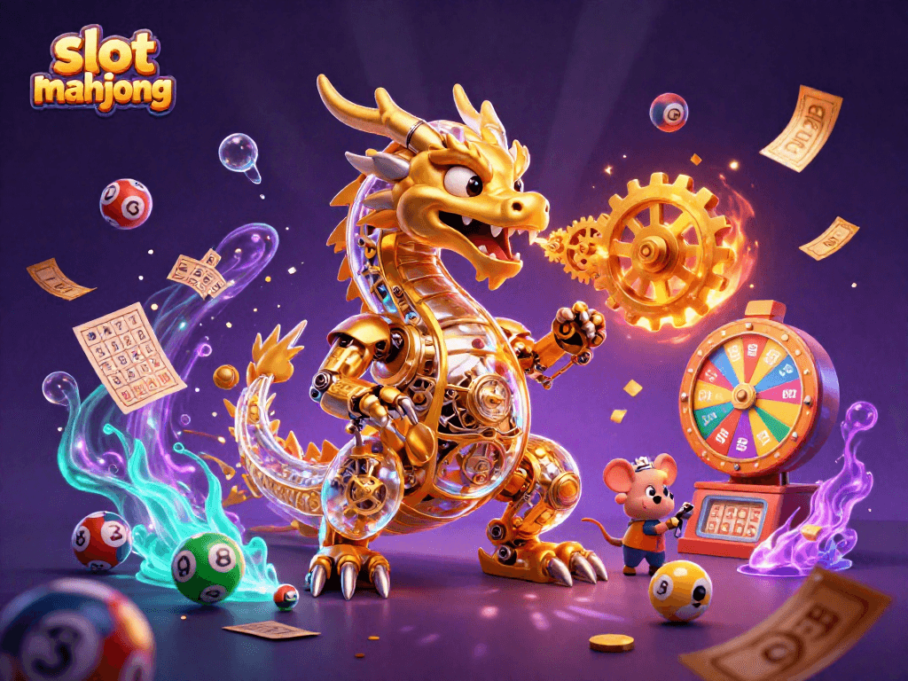 Play slot mahjong with an exciting scene featuring a golden dragon and vibrant gambling elements.